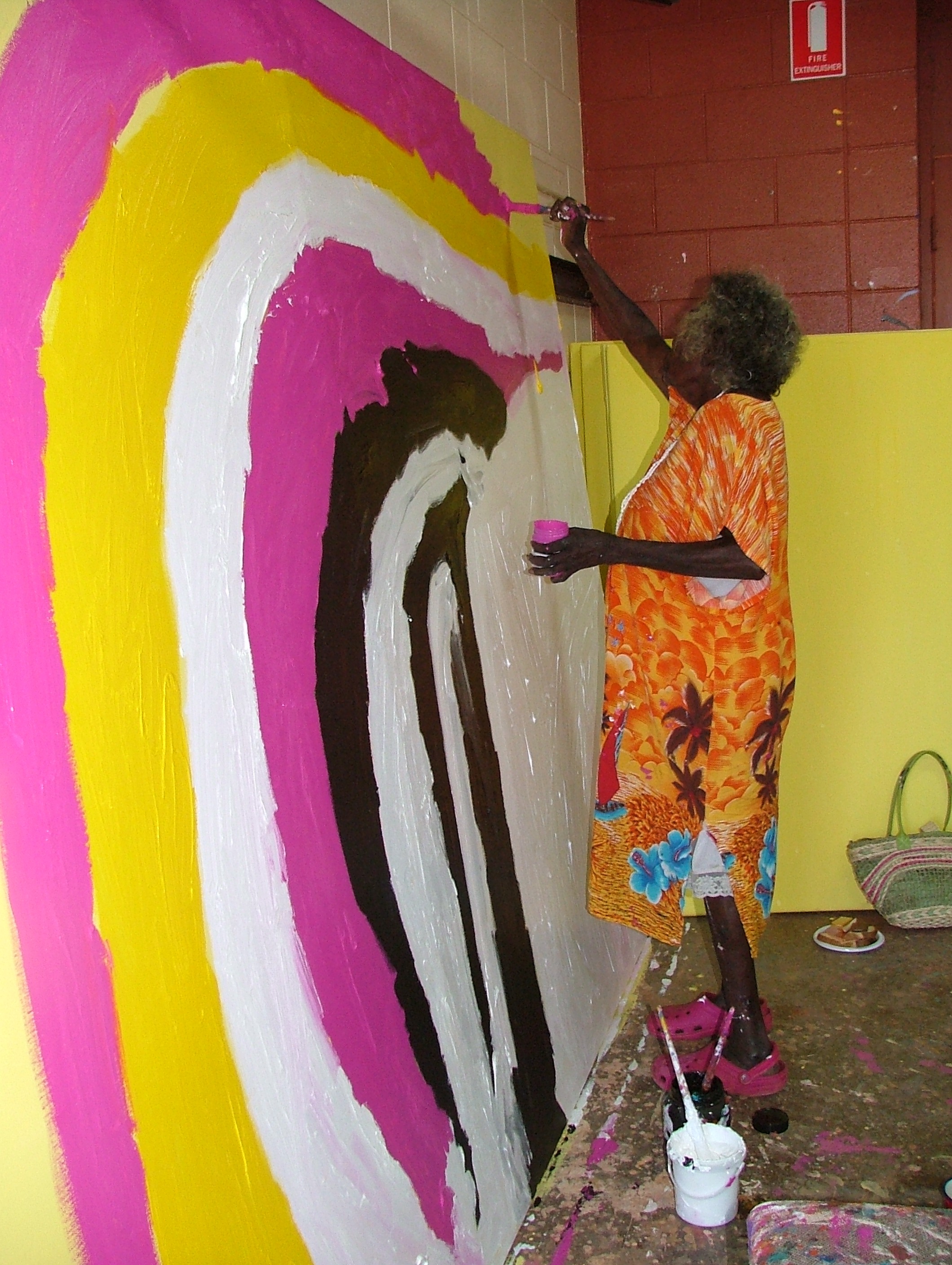 Sally Gabori at work in the Mornington Island Art Centre in 2010. Photo: Inge Cooper, courtesy Mornington Island Art